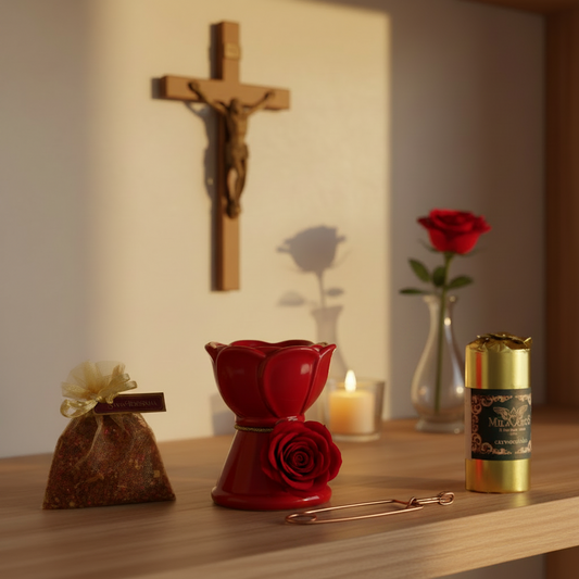 Red rose-shaped oil burner with a candle and decorative items on a wooden surface, with a cross in the background.