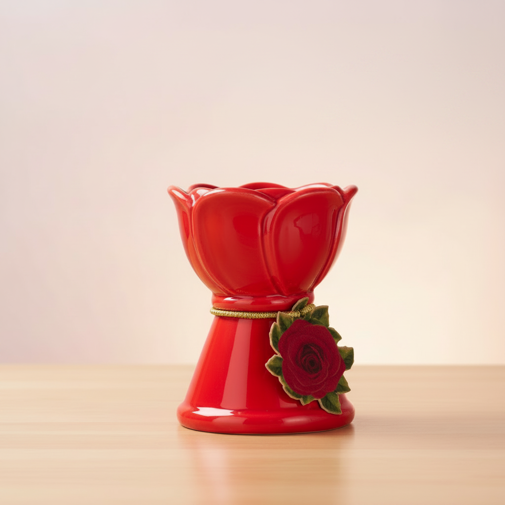 Red ceramic burner with a rose design on a beige background