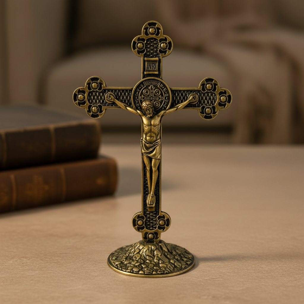 Saint Benedict Metal Table Crucifix with Medal — Old Gold, 5.1 in Standing Cross