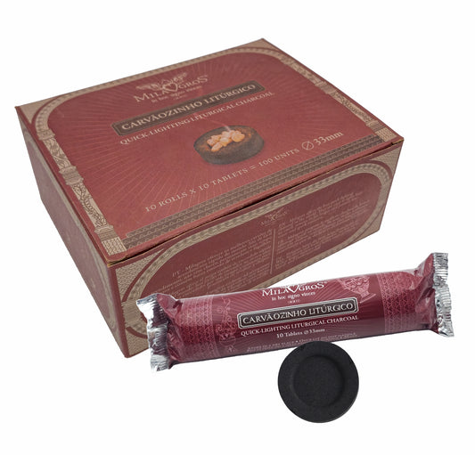 Box of 100 Milagros quick-light charcoal tablets, 1.3 in (33 mm)