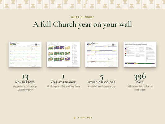 What's inside the 2027 Catholic calendar: 13 monthly pages from December 2026 to December 2027 and a year-at-a-glance page