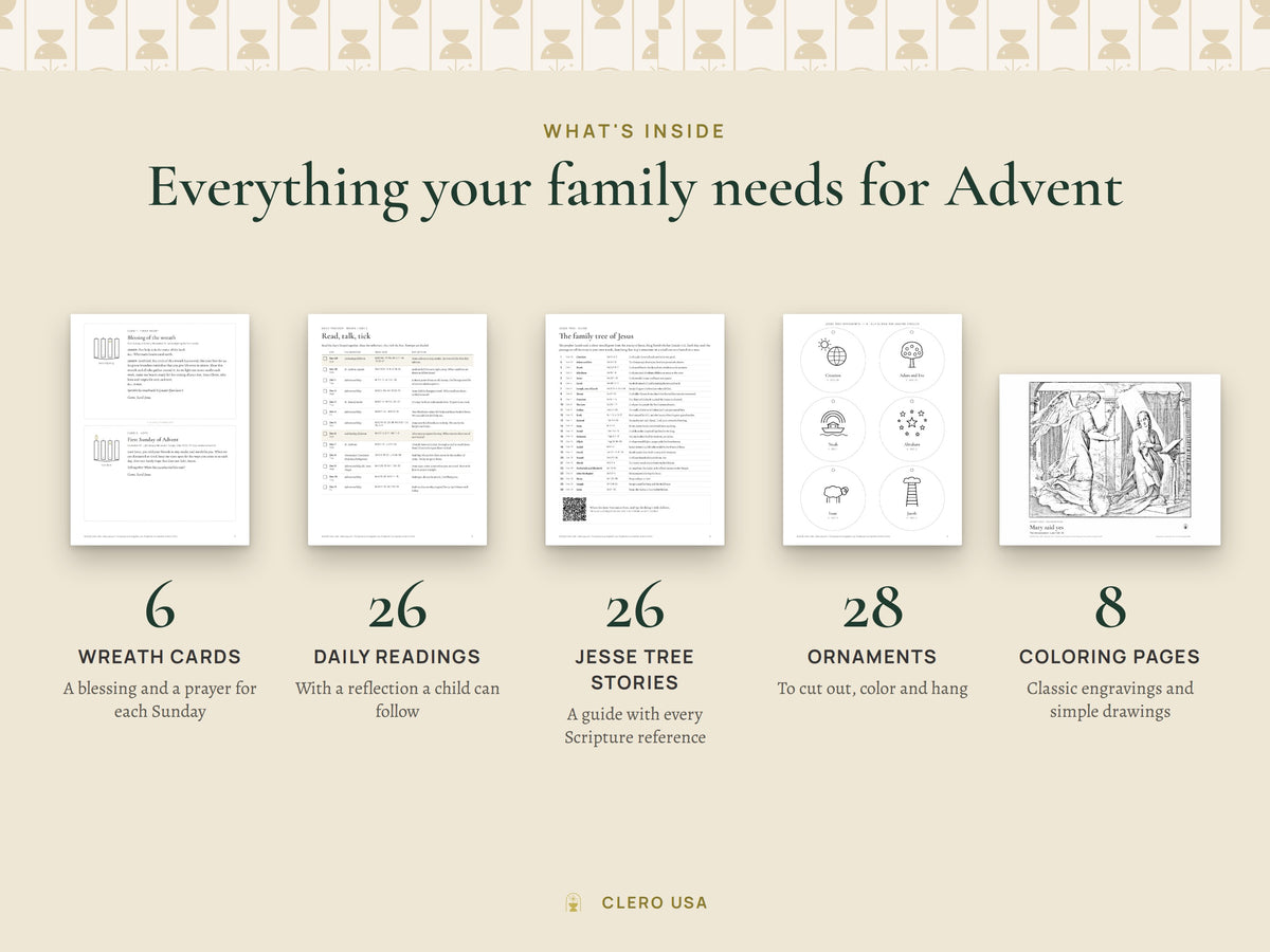 What's inside: 6 wreath cards, 26 daily readings, 26 Jesse Tree stories, 28 ornaments and 8 coloring pages