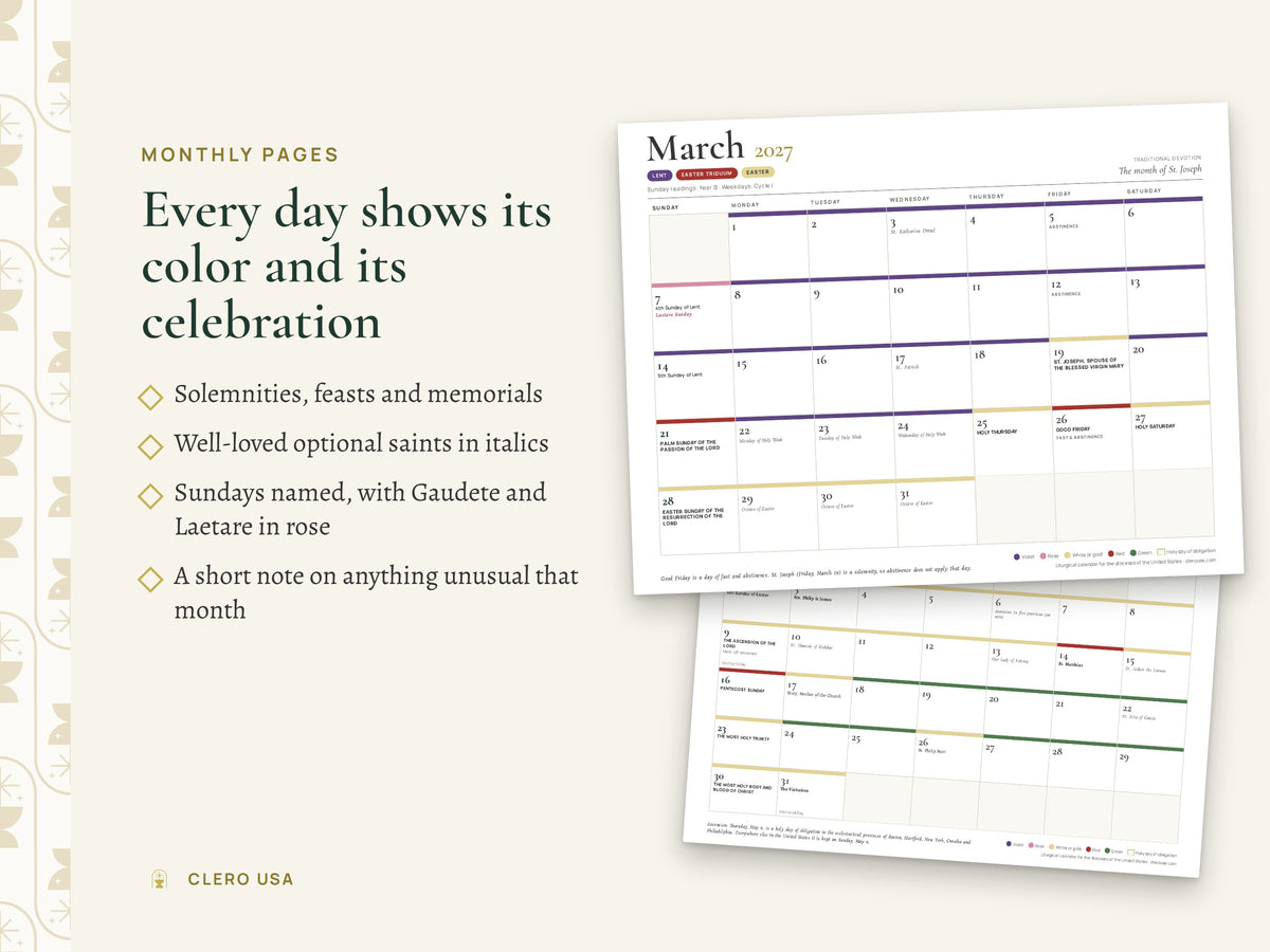 Monthly pages of the 2027 Catholic calendar with feasts, solemnities and liturgical colors