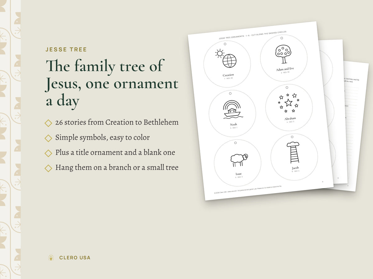 Jesse Tree ornaments to color, one for each day of Advent