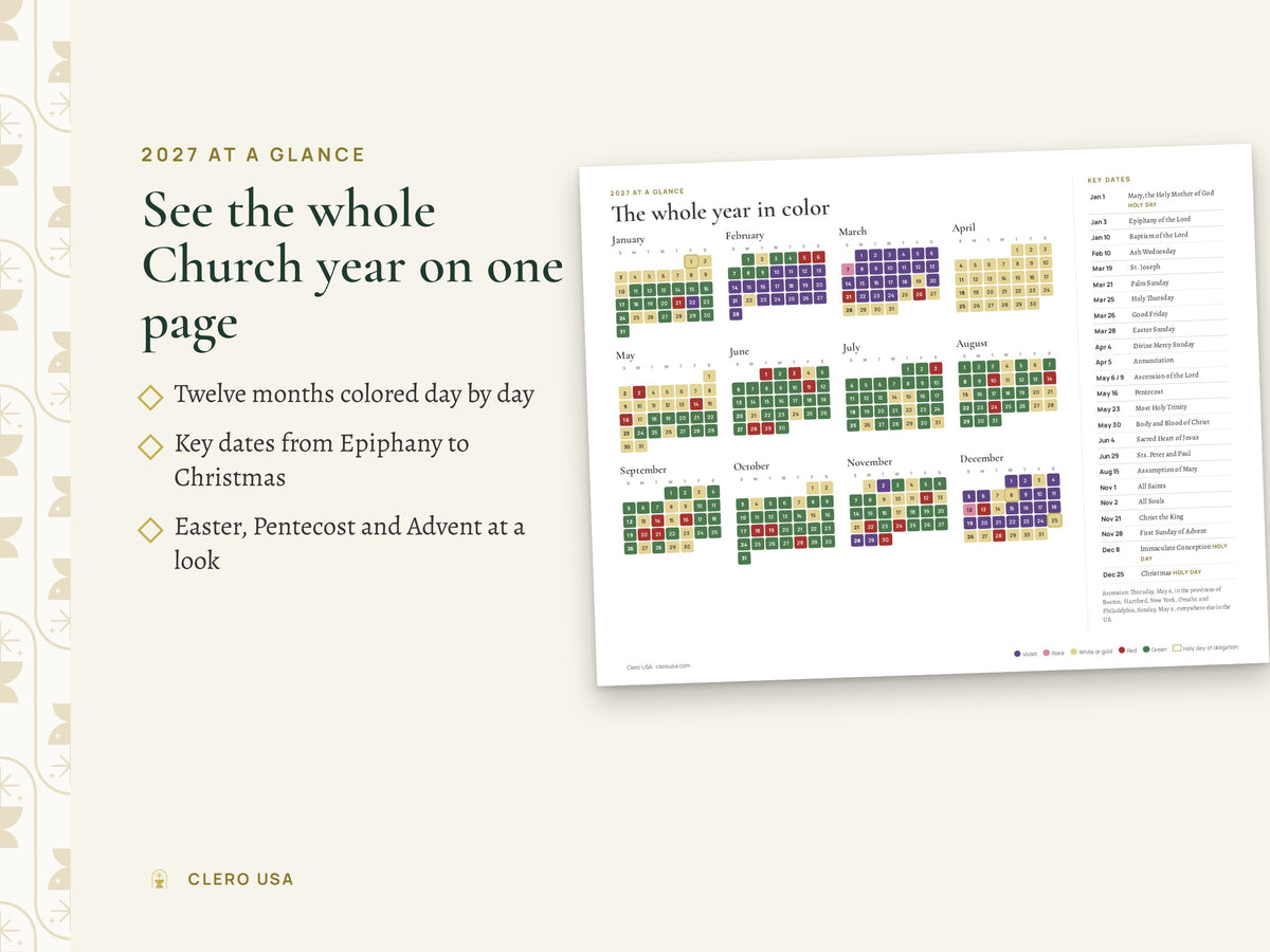 2027 Catholic year-at-a-glance page with the liturgical seasons