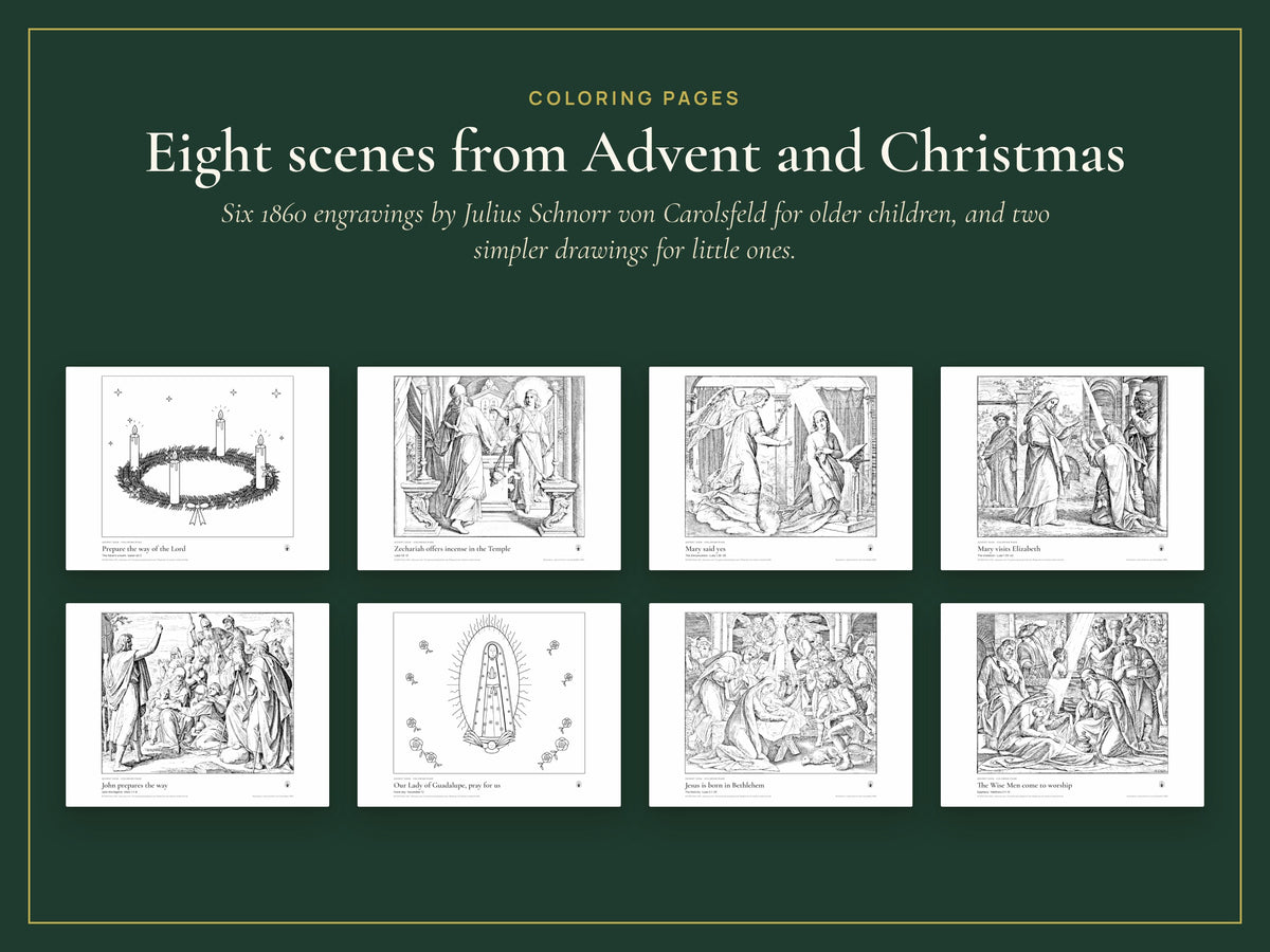 Eight Advent and Christmas coloring pages, including classic engravings