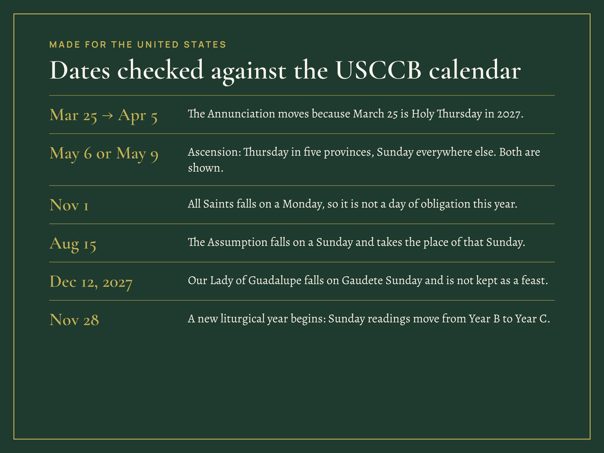 Follows the USCCB liturgical calendar for the United States