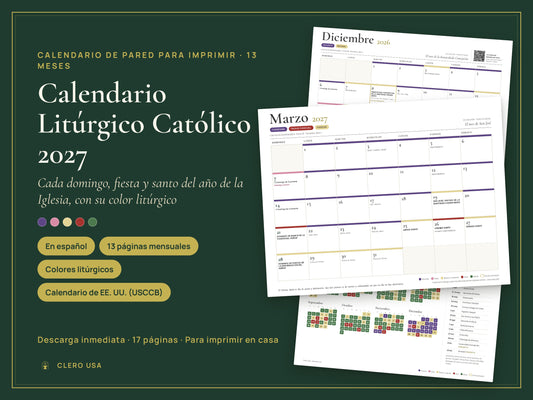 Calendario litúrgico católico 2027, calendario de pared horizontal a todo color para imprimir