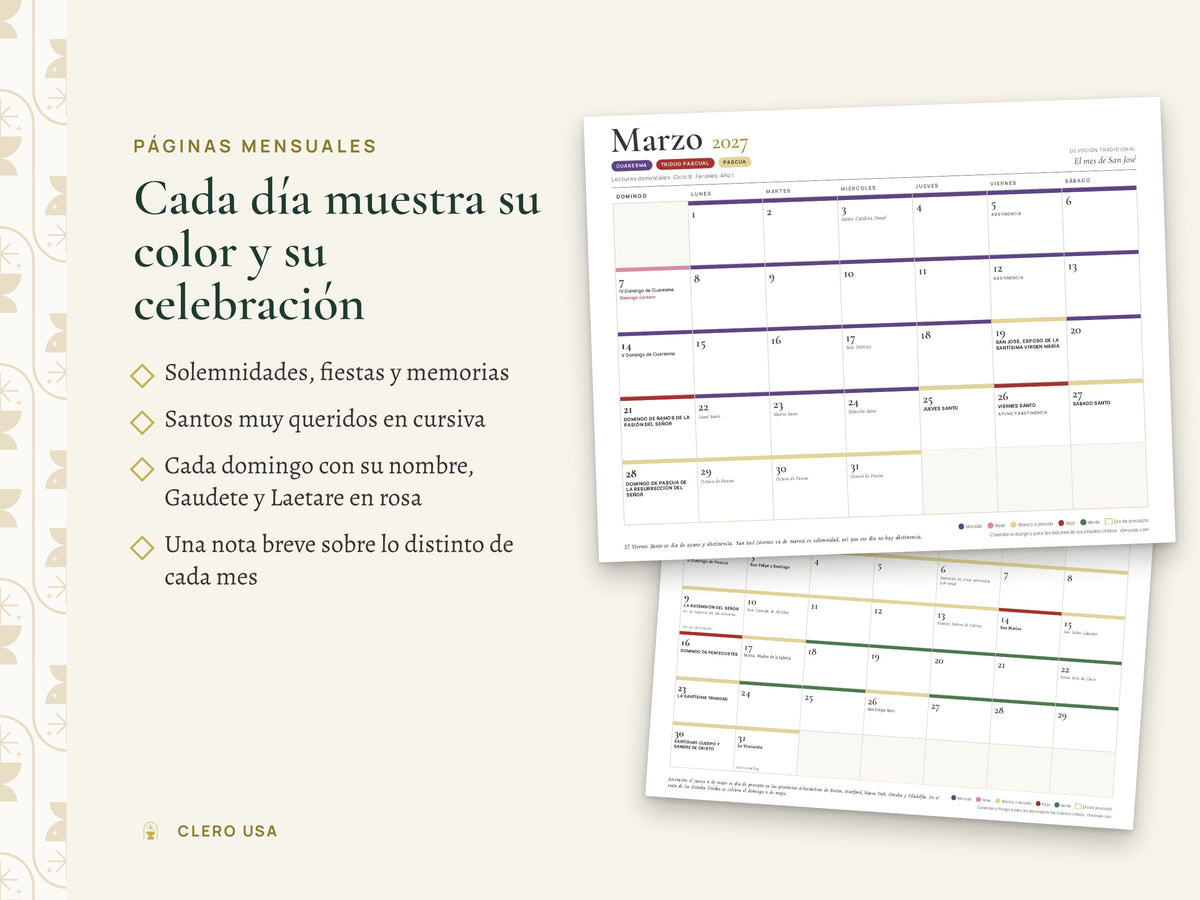 Páginas mensuales del calendario católico 2027 con fiestas, solemnidades y colores litúrgicos