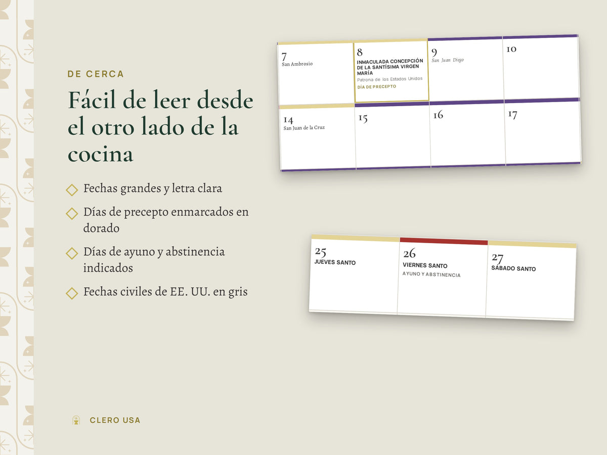 Detalle de un mes del calendario 2027 con santos, días de precepto y colores litúrgicos