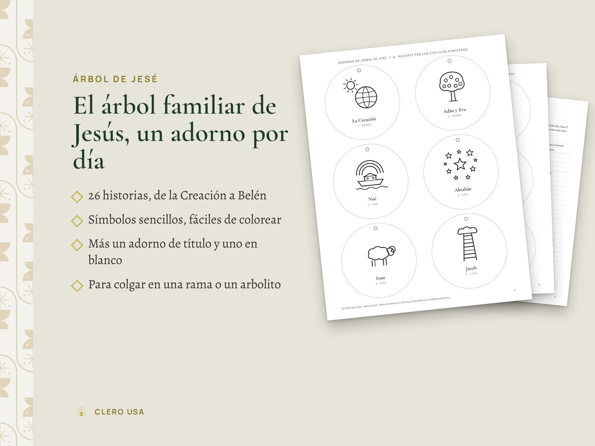 Adornos del árbol de Jesé para colorear, uno para cada día de Adviento