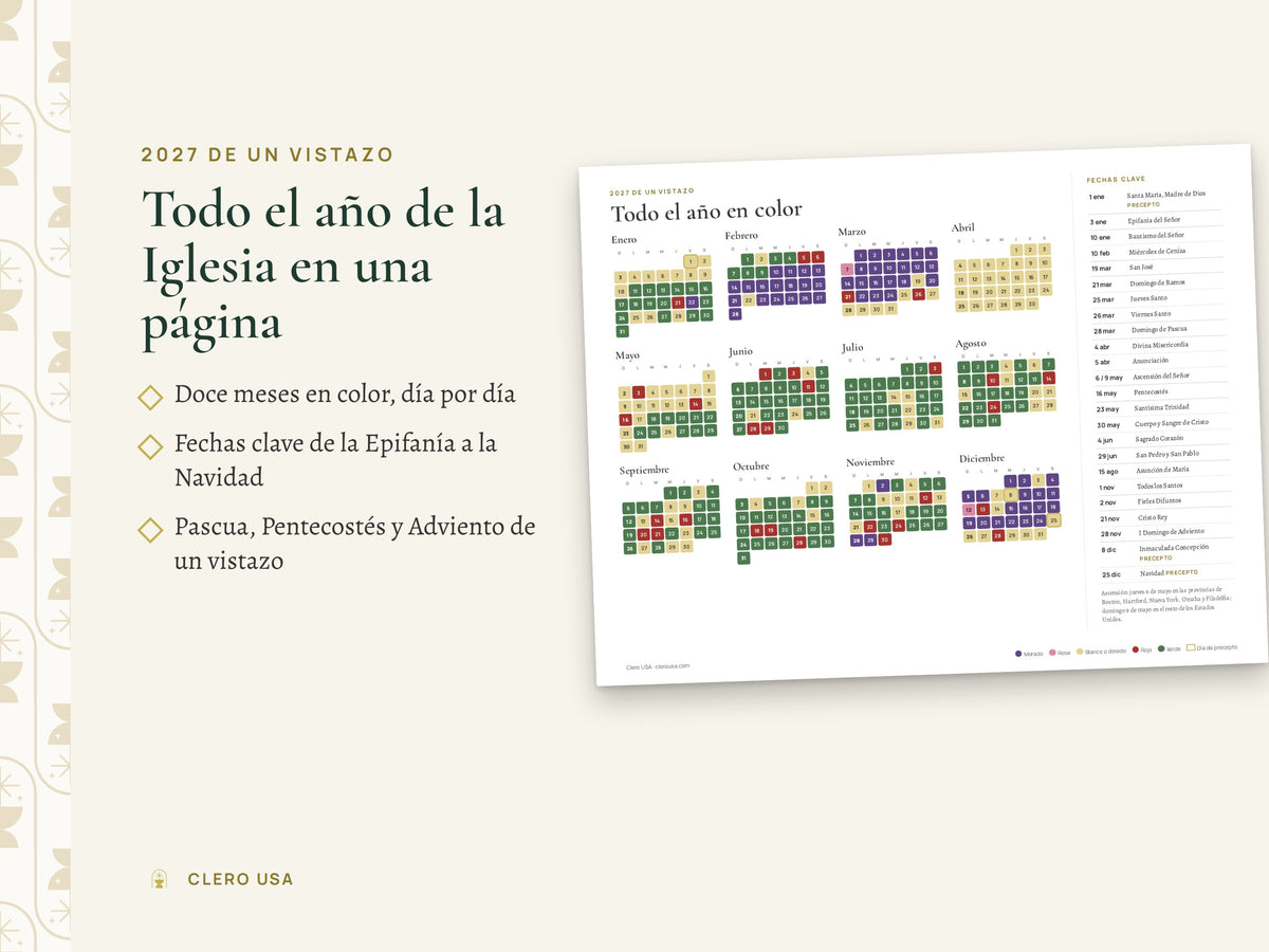 Página del año 2027 de un vistazo con los tiempos litúrgicos
