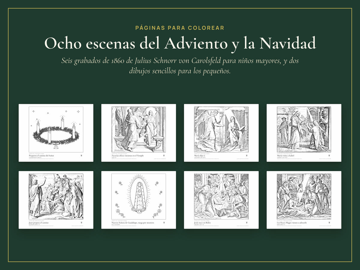 Ocho páginas para colorear de Adviento y Navidad, con grabados clásicos