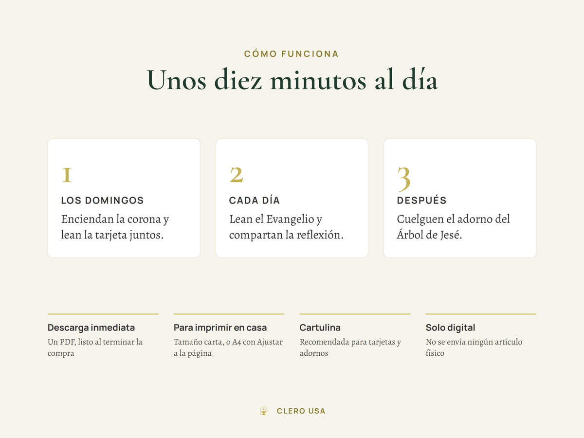 Cómo funciona: encender la corona los domingos, leer el Evangelio cada día y colgar el adorno del árbol de Jesé
