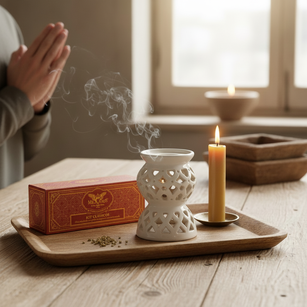 Milagros Classics resin incense kit in home altar setting — catholic religious gift