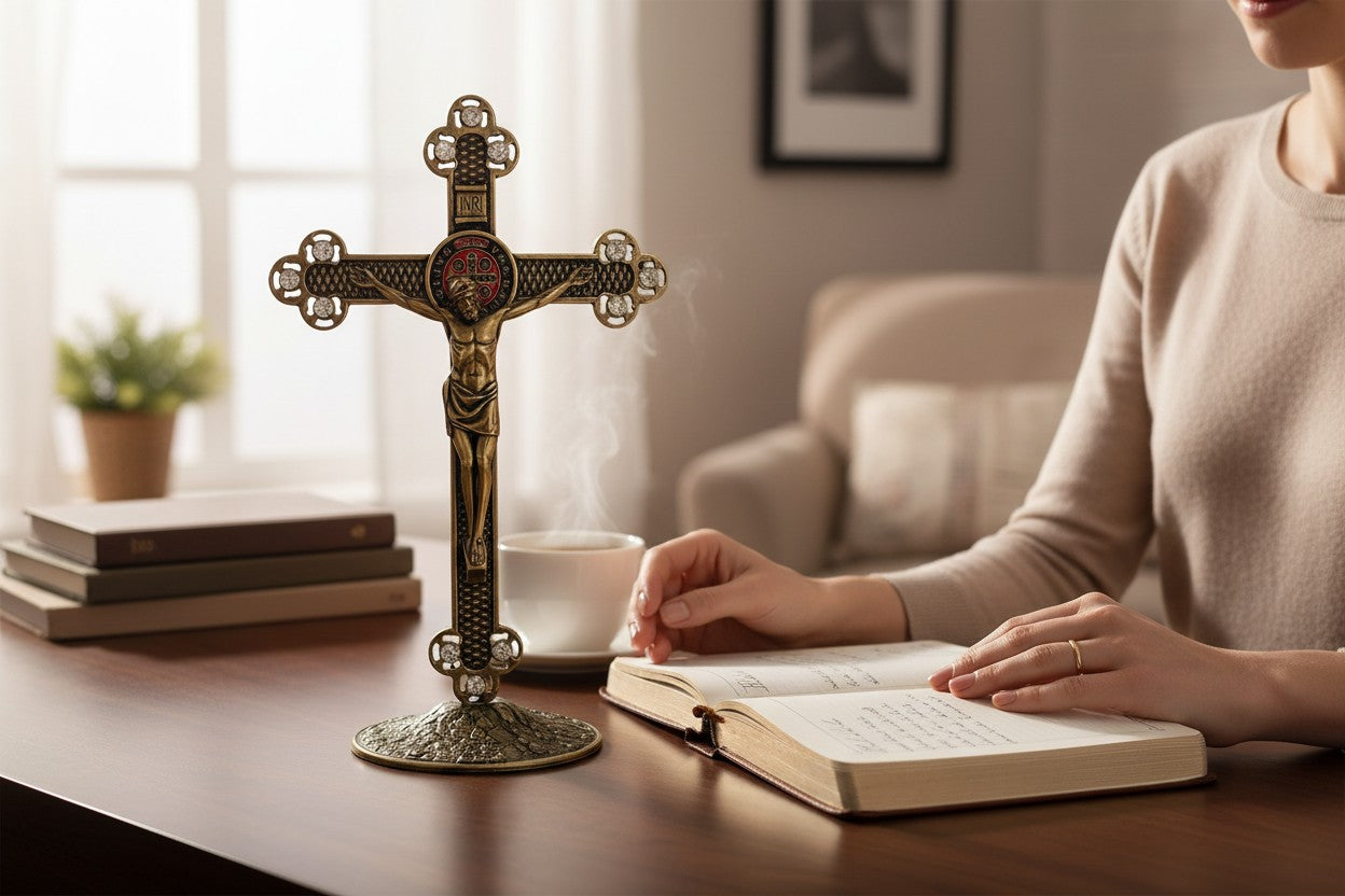 Crucifix for Table in Metal with St. Benedict Medal and Crystals