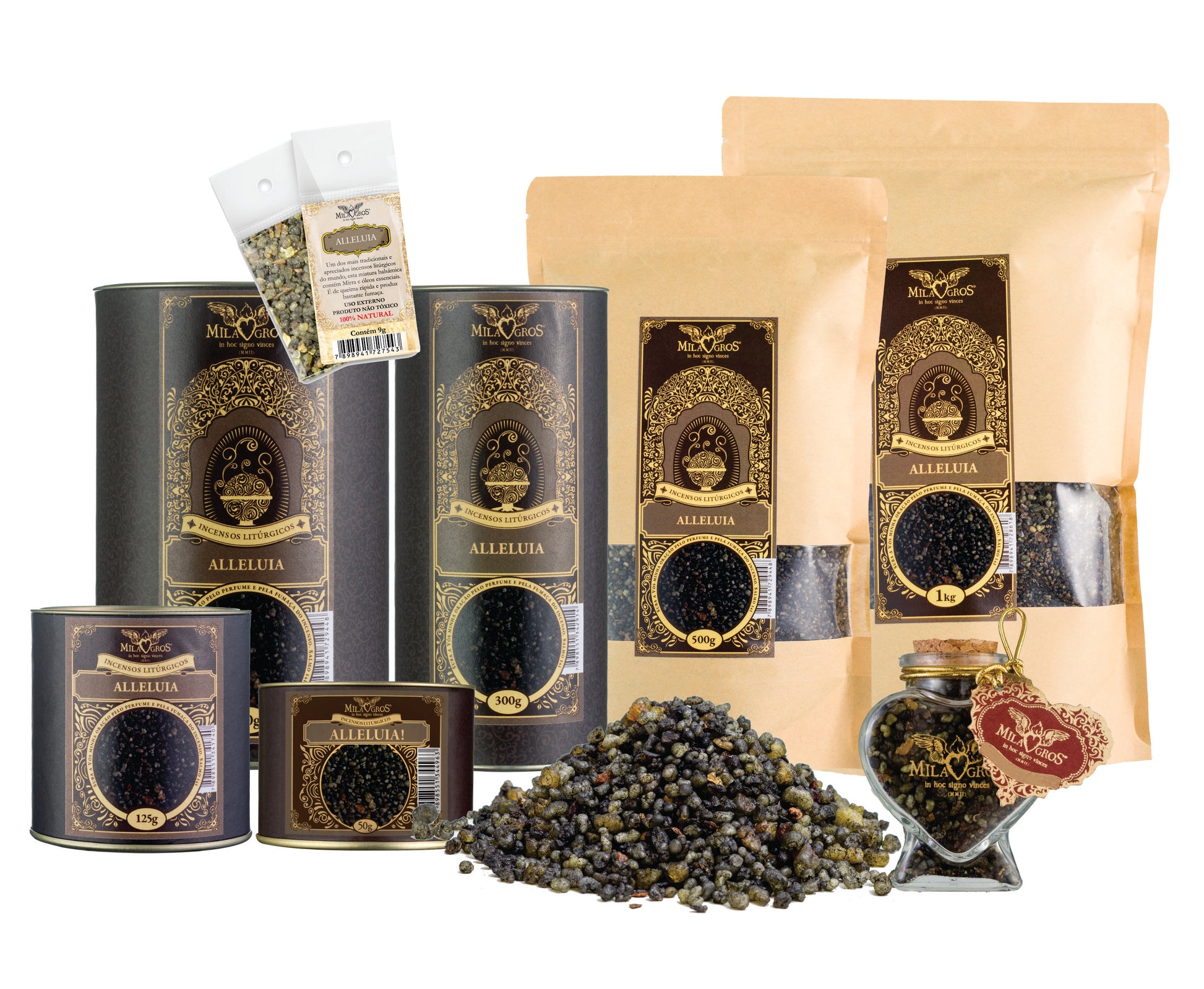 Milagros Alleluia resin incense range — 9g sachet to 500g canister, heart-shaped Cuore jar, kraft refill, and loose resin grains.