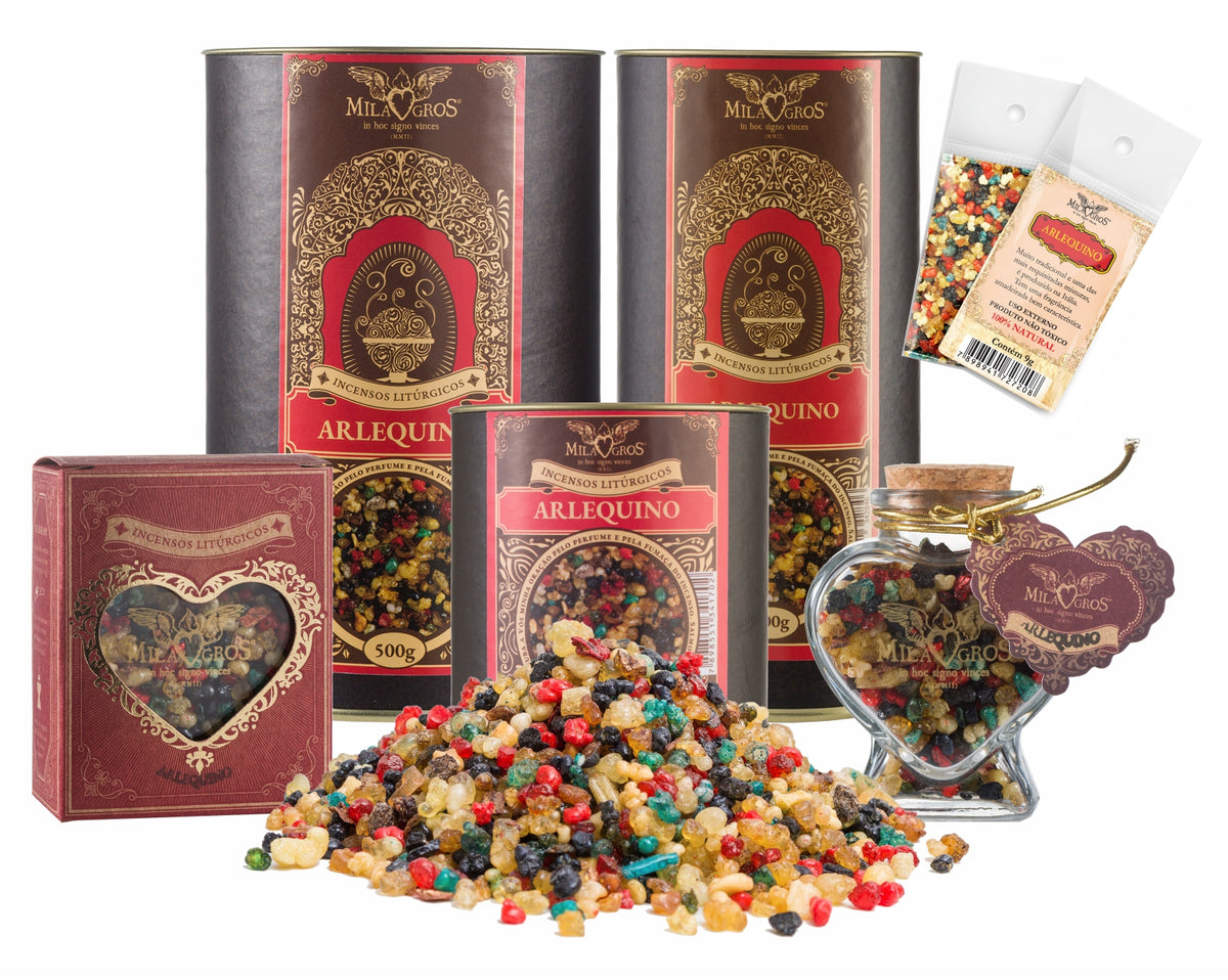 Milagros Arlequino resin incense range — 9g sachet to 500g canister, heart-shaped Cuore jar, kraft refill, and loose resin grains.
