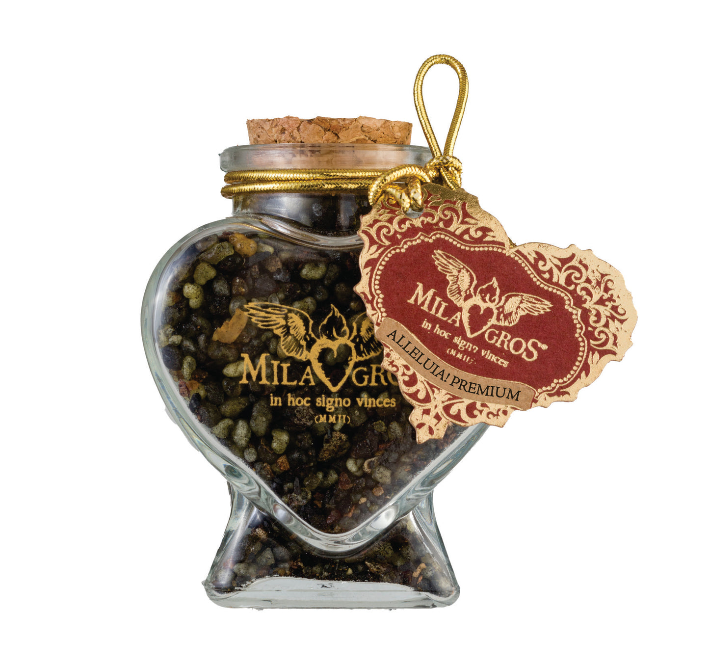 Heart-shaped Cuore glass jar (47g) of Milagros Alleluia resin incense with cork stopper and gift box.