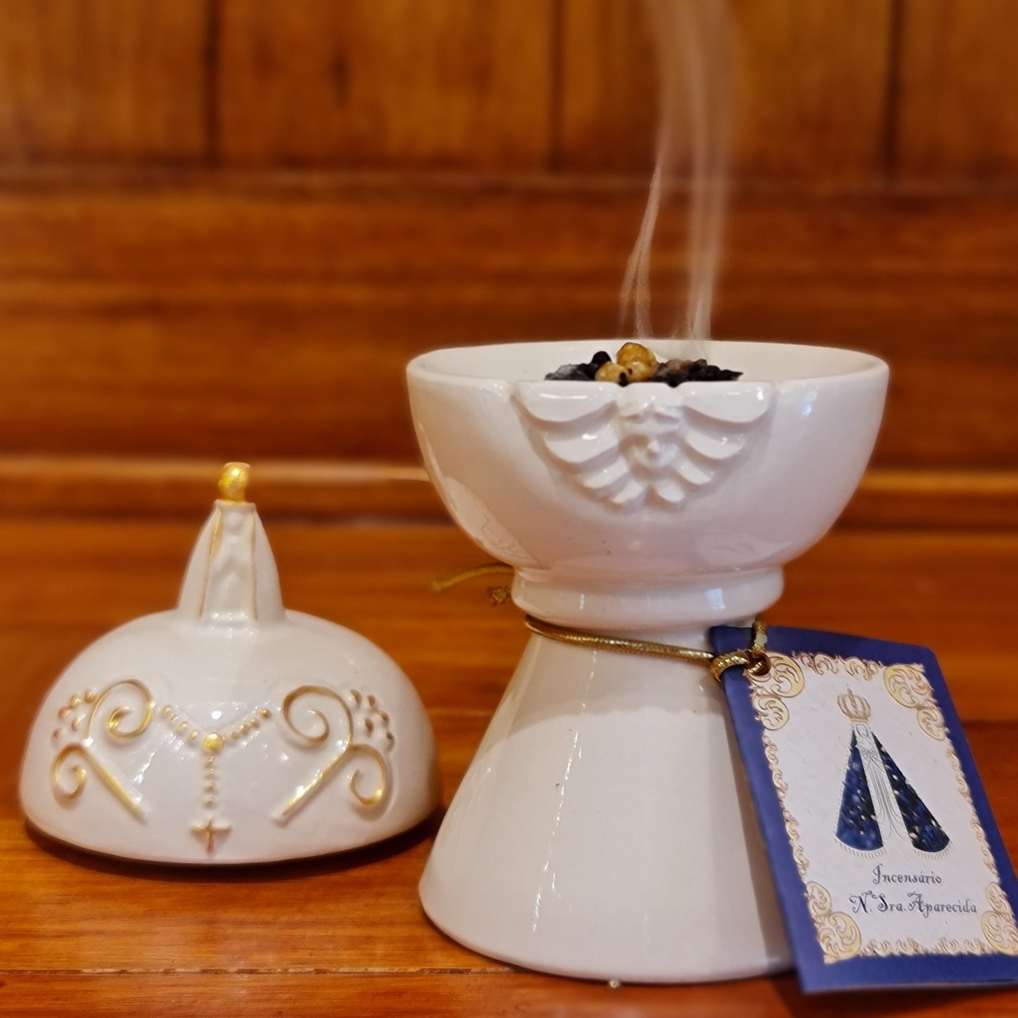 Milagros Cream Lidded Our Lady Aparecida Ceramic Incense Burner 4.7 Inches