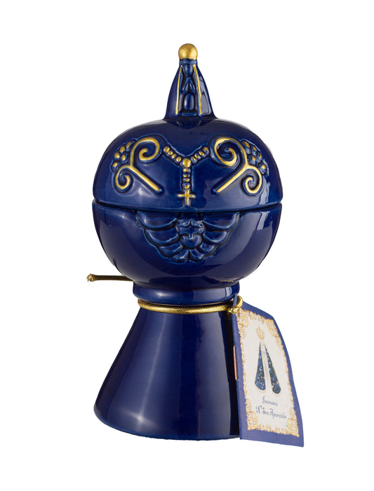 Milagros Blue Lidded Our Lady Aparecida Ceramic Incense Burner 4.7 Inches