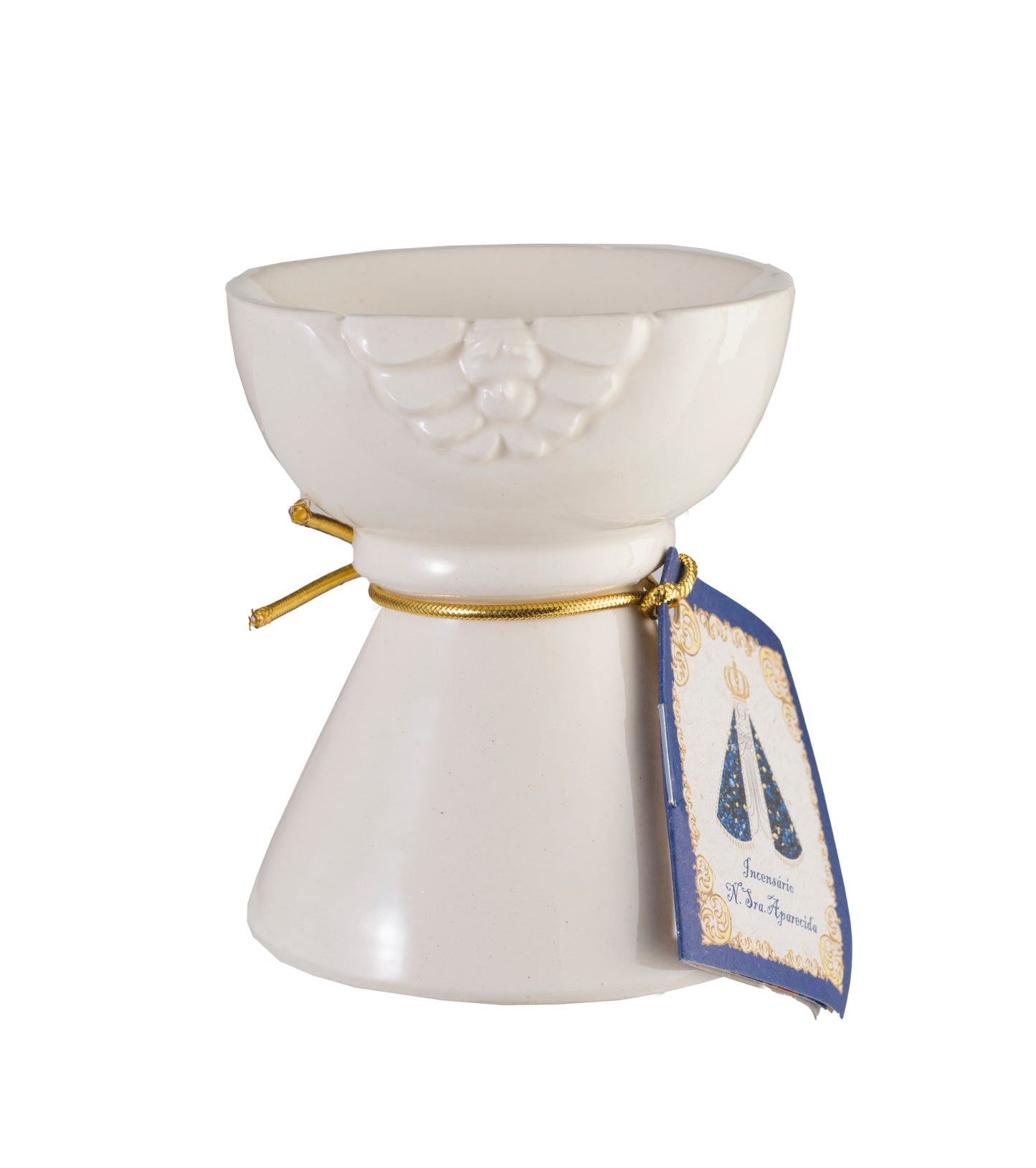 Milagros Cream Lidded Our Lady Aparecida Ceramic Incense Burner 4.7 Inches