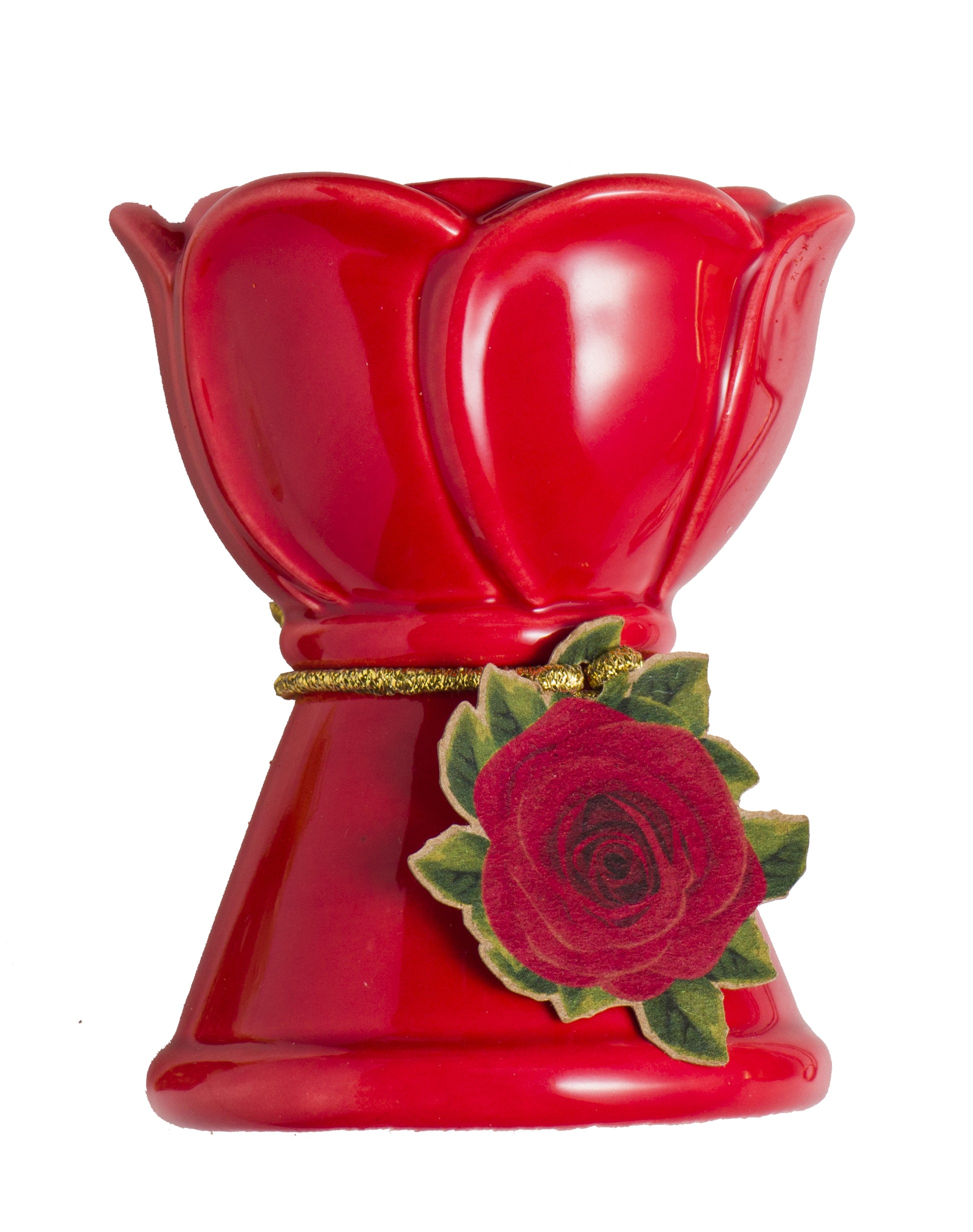 Red rose-shaped candle holder with a decorative rose on a white background