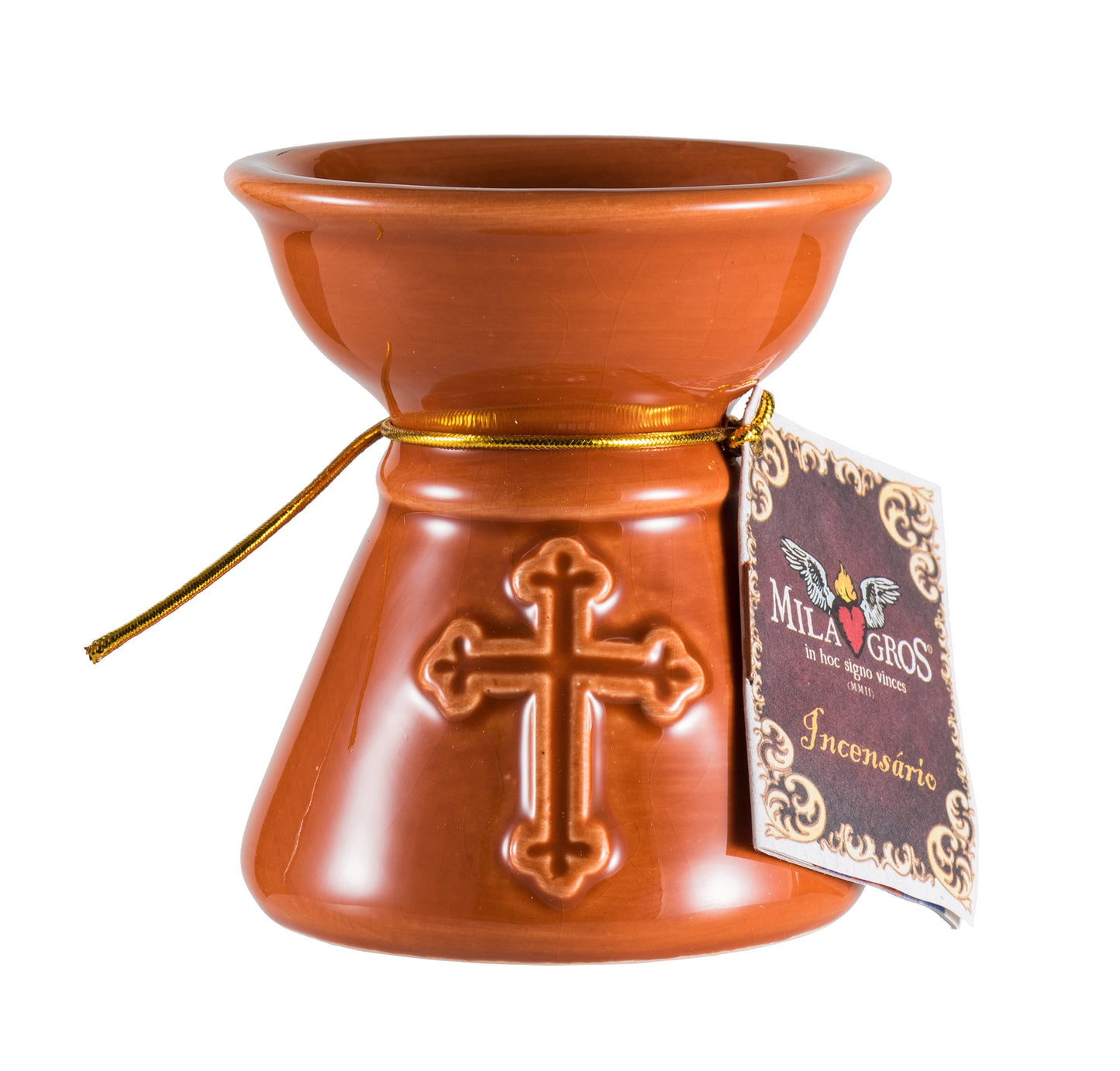 Milagros Brown Cross Ceramic Incense Burner 3 Inches