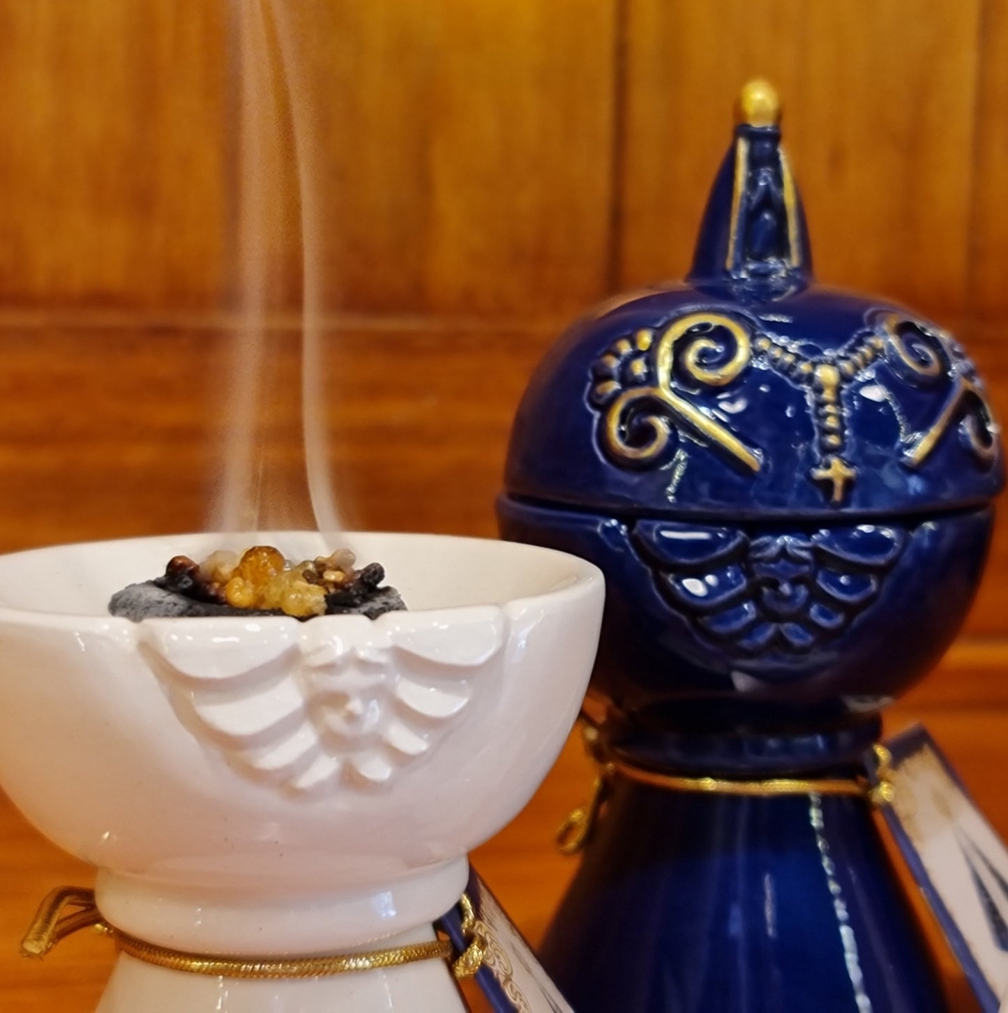 Milagros Cream Lidded Our Lady Aparecida Ceramic Incense Burner 4.7 Inches