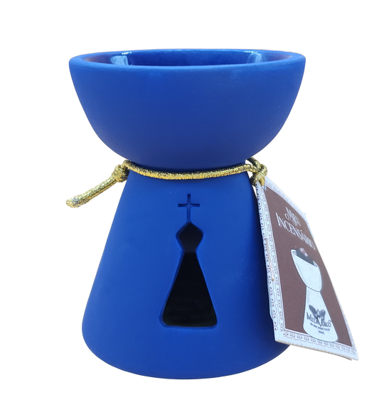Milagros Blue Perforated Our Lady Aparecida Ceramic Incense Burner 3 Inches