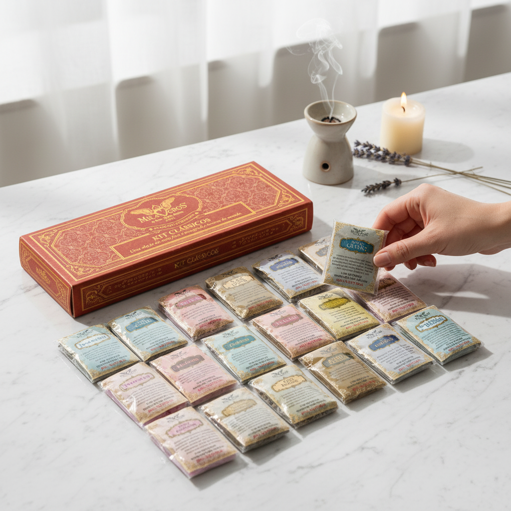 Milagros Classics incense kit with sachets displayed — premium resin incense collection for church or home