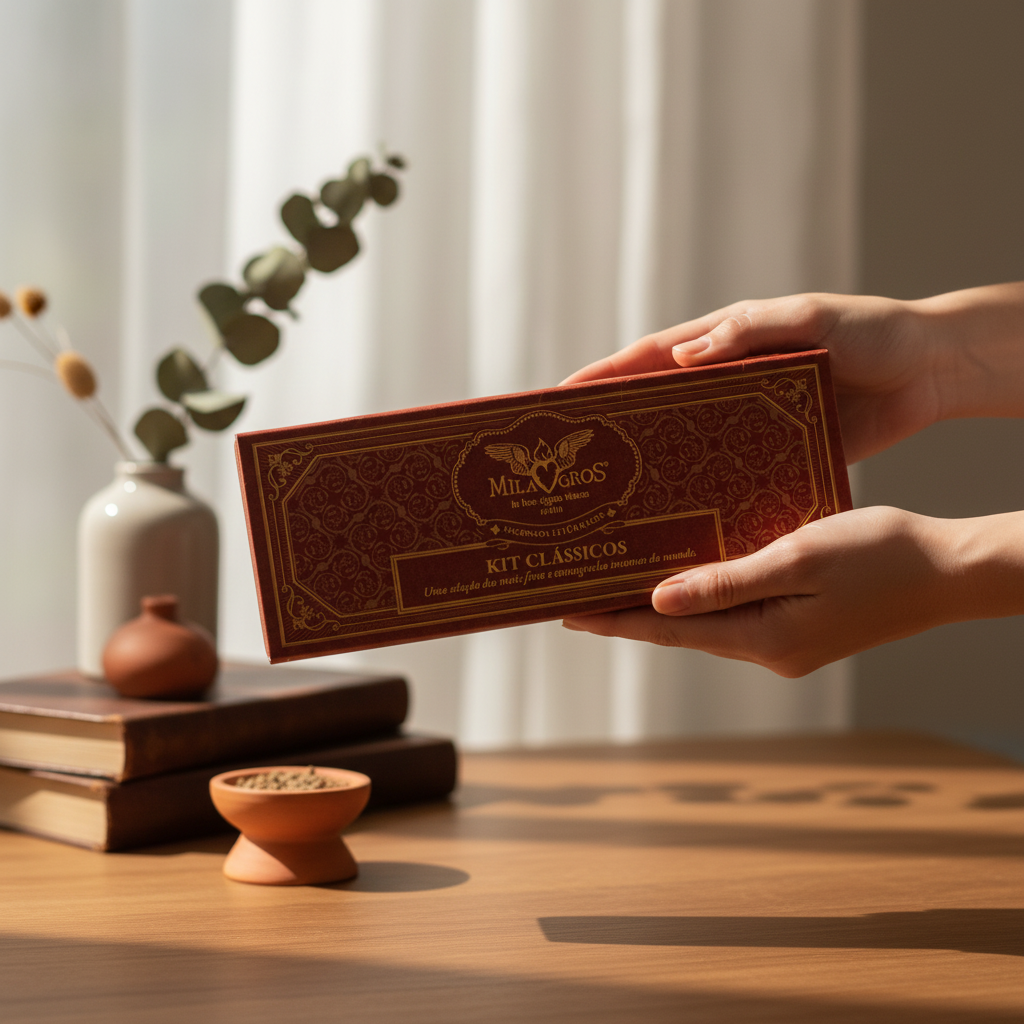 Milagros Classics resin incense kit displayed with sachets arranged around the box