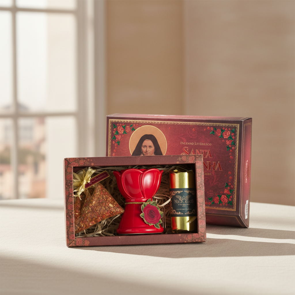 Decorative gift set with a red candle and other items on a neutral background