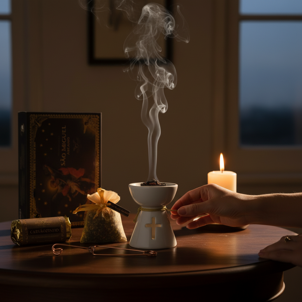 Incense burner with smoke and a candle on a table in a dimly lit room.