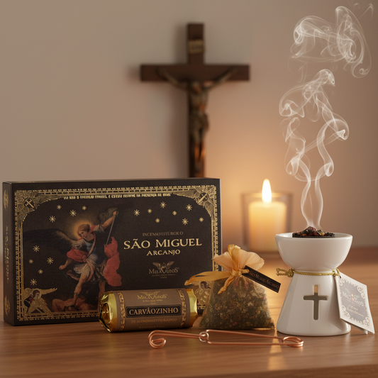 Saint Michael Archangel product with smoking incense burner and candle on a wooden surface.
