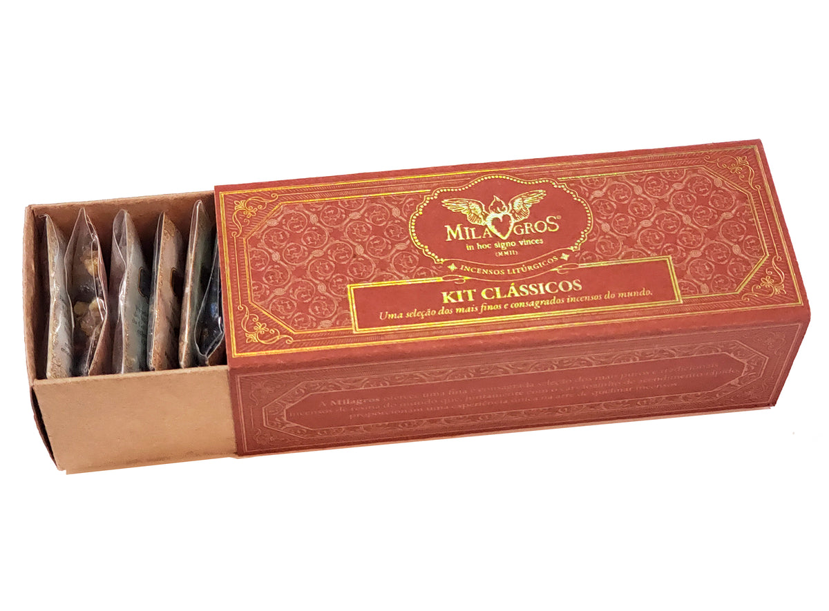 Milagros Classics incense kit — side view of box and included sachet varieties