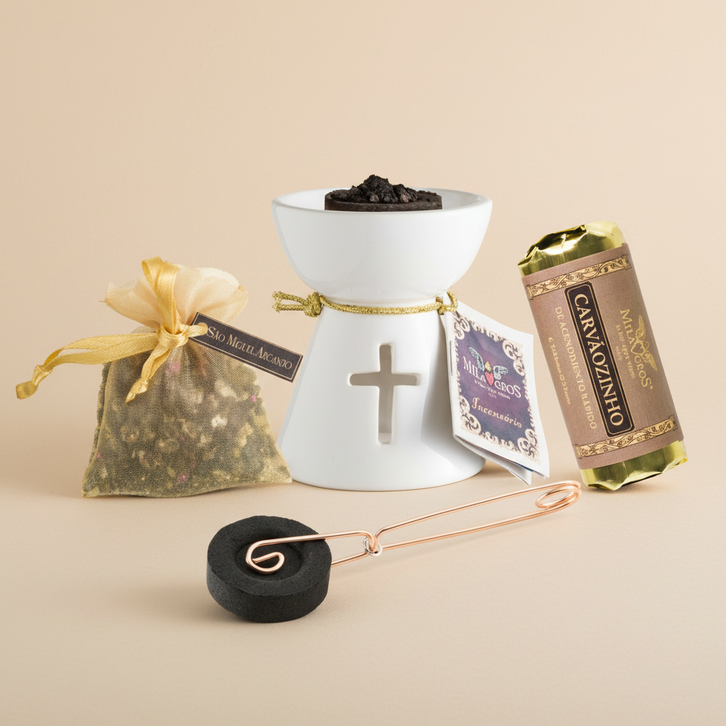 White ceramic incense burner with black charcoal, a gold ribbon, and a small bag on a beige background.