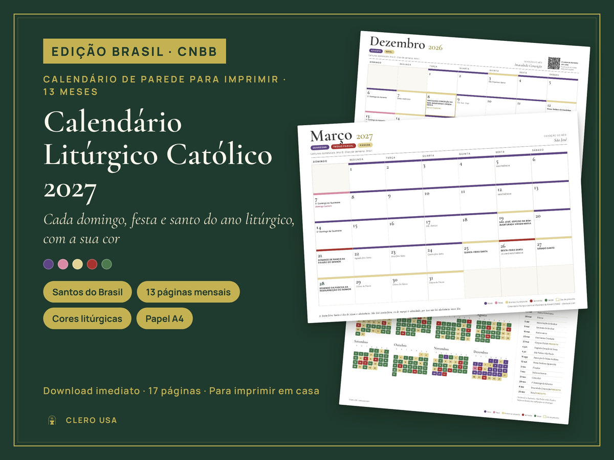 Calendário litúrgico católico 2027, Edição Brasil, calendário de parede horizontal para imprimir