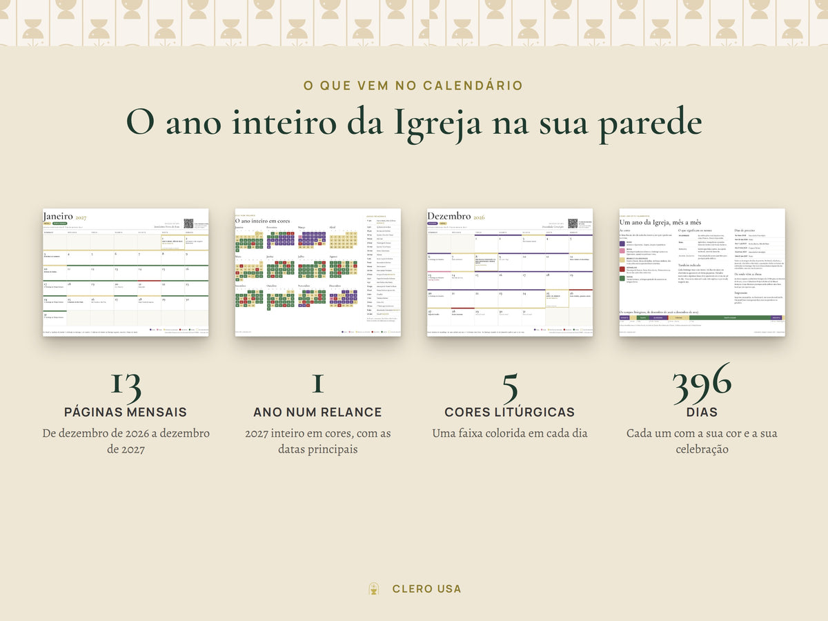 Conteúdo do calendário 2027: 13 páginas mensais de dezembro 2026 a dezembro 2027 e uma página com o ano inteiro
