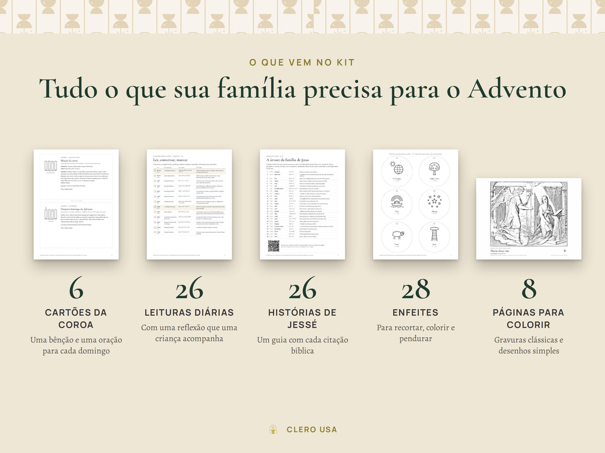 Conteúdo: 6 cartões da coroa, 26 leituras diárias, 26 histórias da árvore de Jessé, 28 enfeites e 8 desenhos para colorir