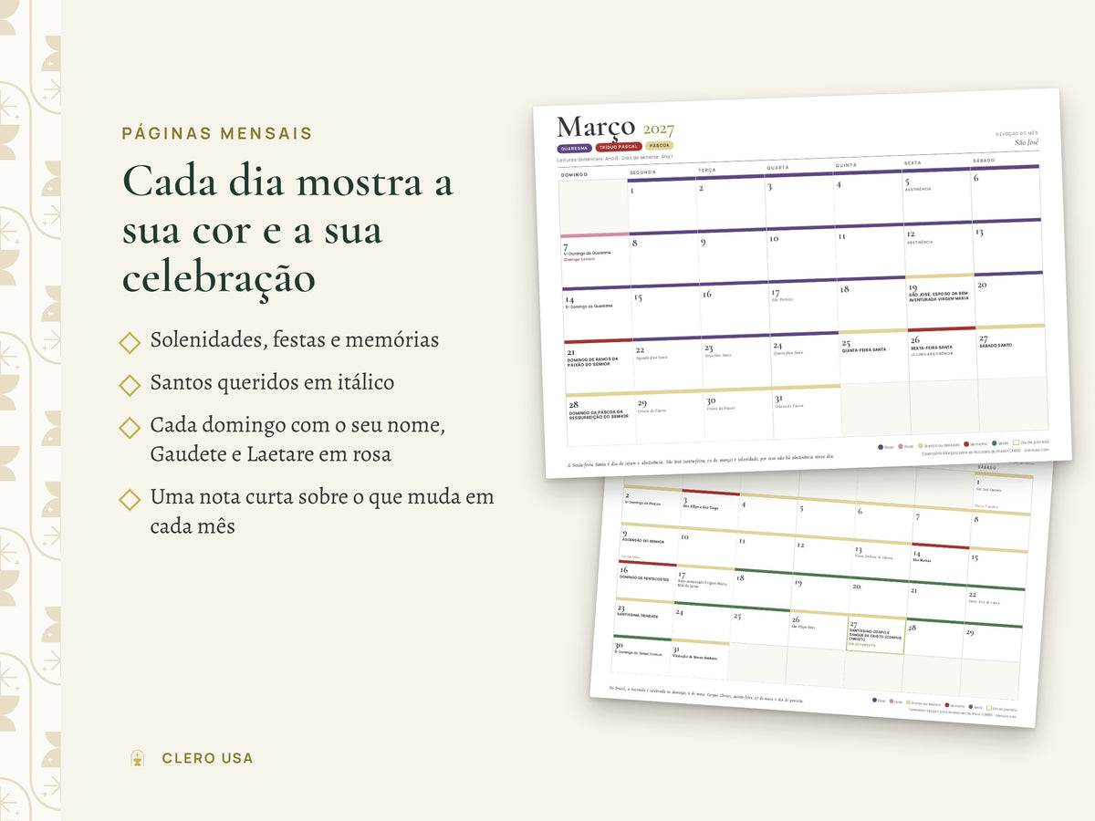 Páginas mensais do calendário católico 2027 com festas, solenidades e cores litúrgicas