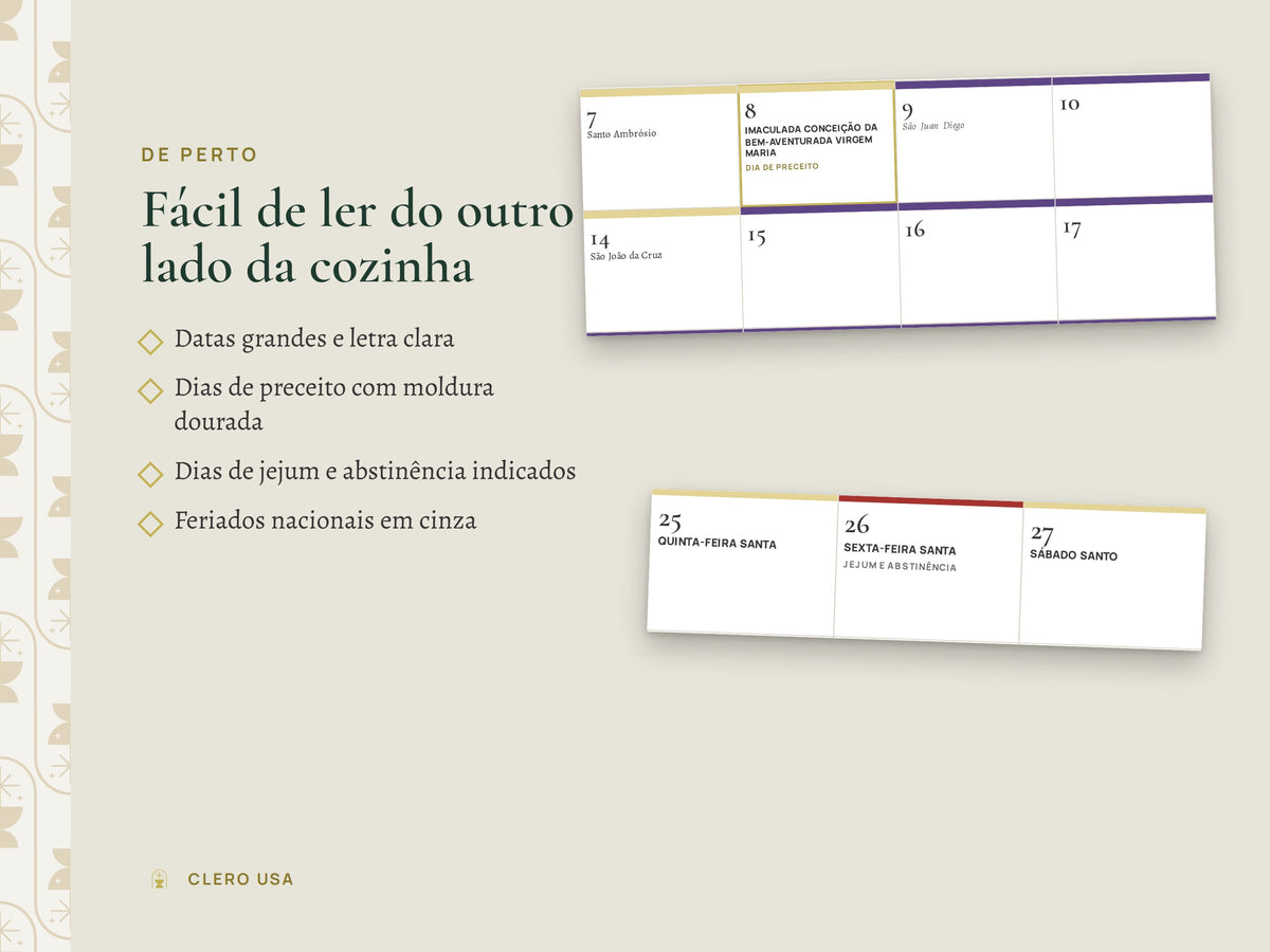 Detalhe de um mês do calendário 2027 com santos, dias de preceito e cores litúrgicas