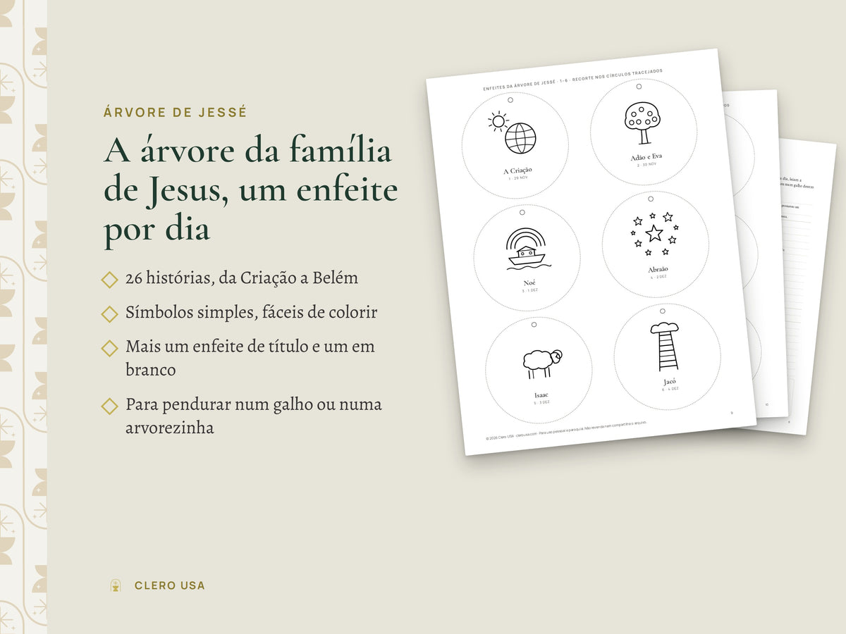 Enfeites da árvore de Jessé para colorir, um para cada dia do Advento