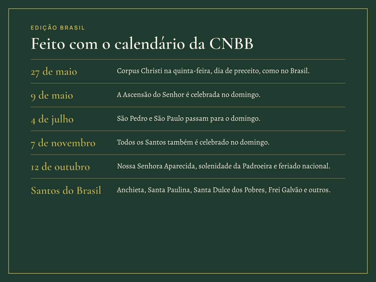 Edição Brasil: segue o calendário da CNBB, com Nossa Senhora Aparecida e santos brasileiros