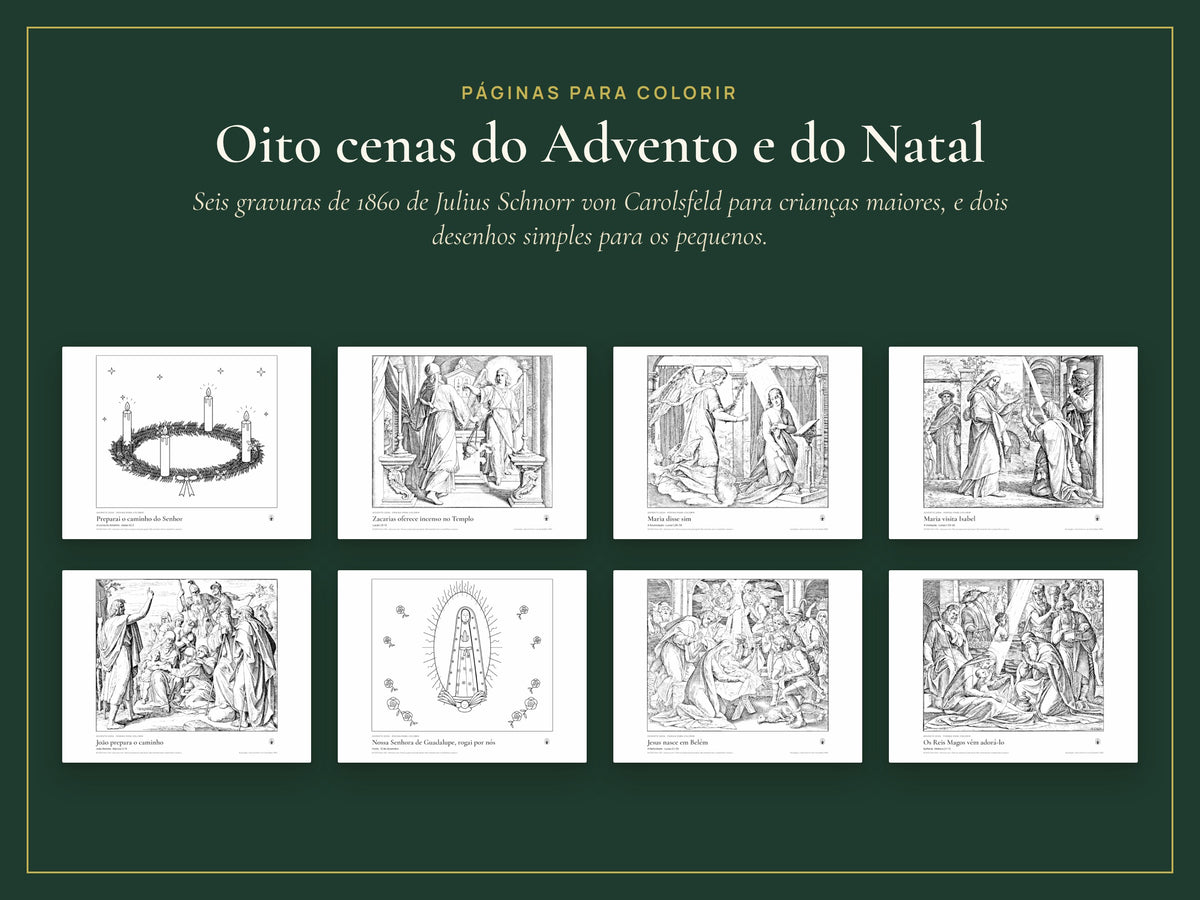 Oito desenhos do Advento e do Natal para colorir, com gravuras clássicas