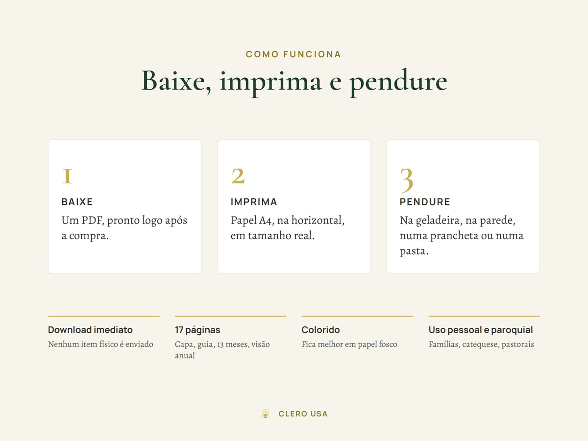 Como funciona: baixe o PDF, imprima em casa em A4 e pendure na parede