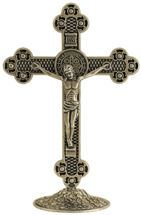 Metal Table Crucifix with St. Benedict Medal - 5.1 Inch