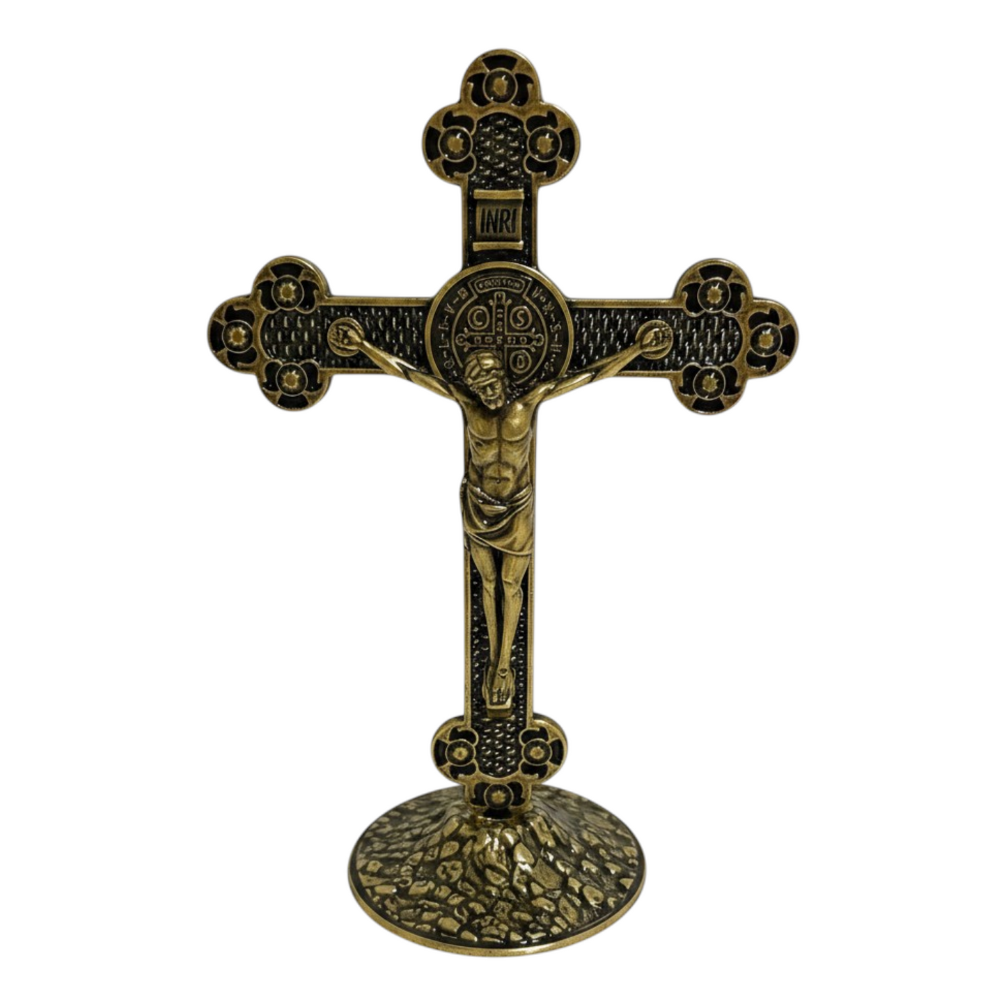Saint Benedict Metal Table Crucifix with Medal — Old Gold, 5.1 in Standing Cross