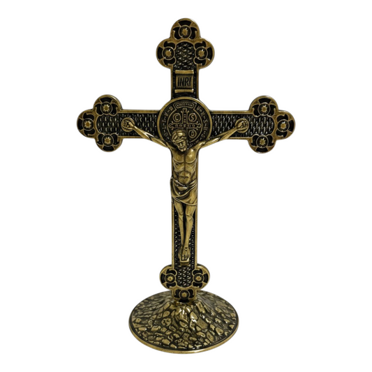 Saint Benedict Metal Table Crucifix with Medal — Old Gold, 5.1 in Standing Cross