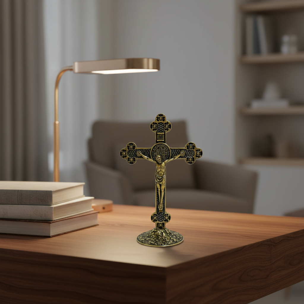 Saint Benedict Metal Table Crucifix with Medal — Old Gold, 5.1 in Standing Cross